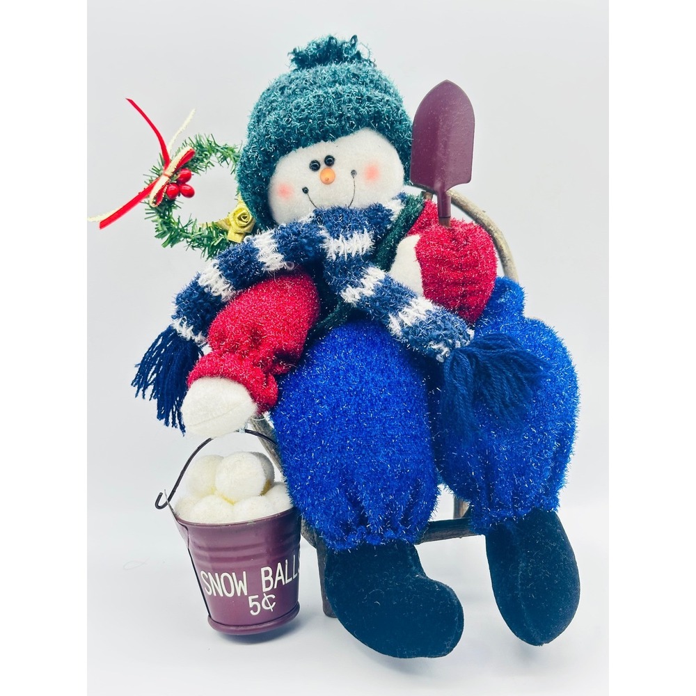 Rustic Snowman Plush in Twig Chair Christmas Decor with Snowball Bucket 11in